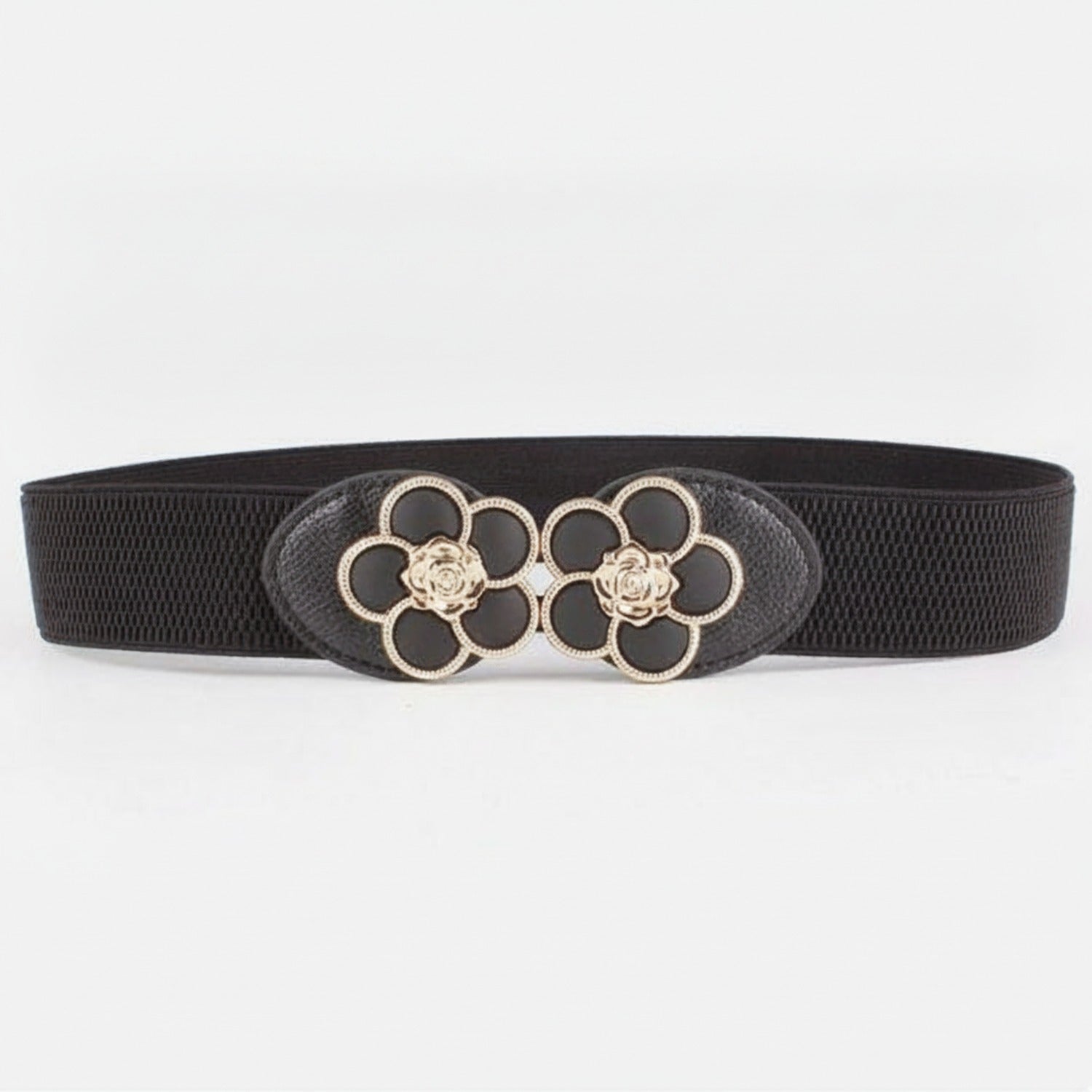 Black Elastic Belt With Flower Circle Buckle