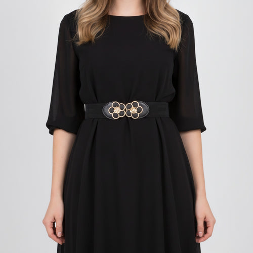 Black Elastic Belt With Flower Circle Buckle