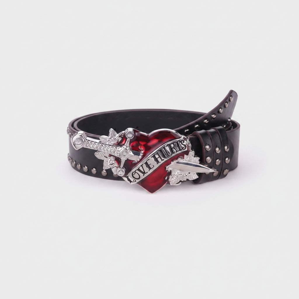 Black Studded Leather Belt With Red Heart Buckle