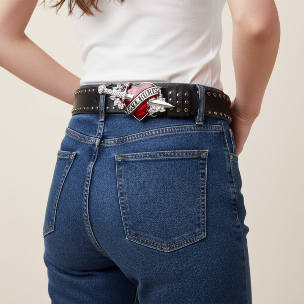 Black Studded Leather Belt With Red Heart Buckle