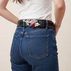 Black Studded Leather Belt With Red Heart Buckle
