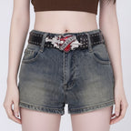 Black Studded Leather Belt With Red Heart Buckle – scarves & belts