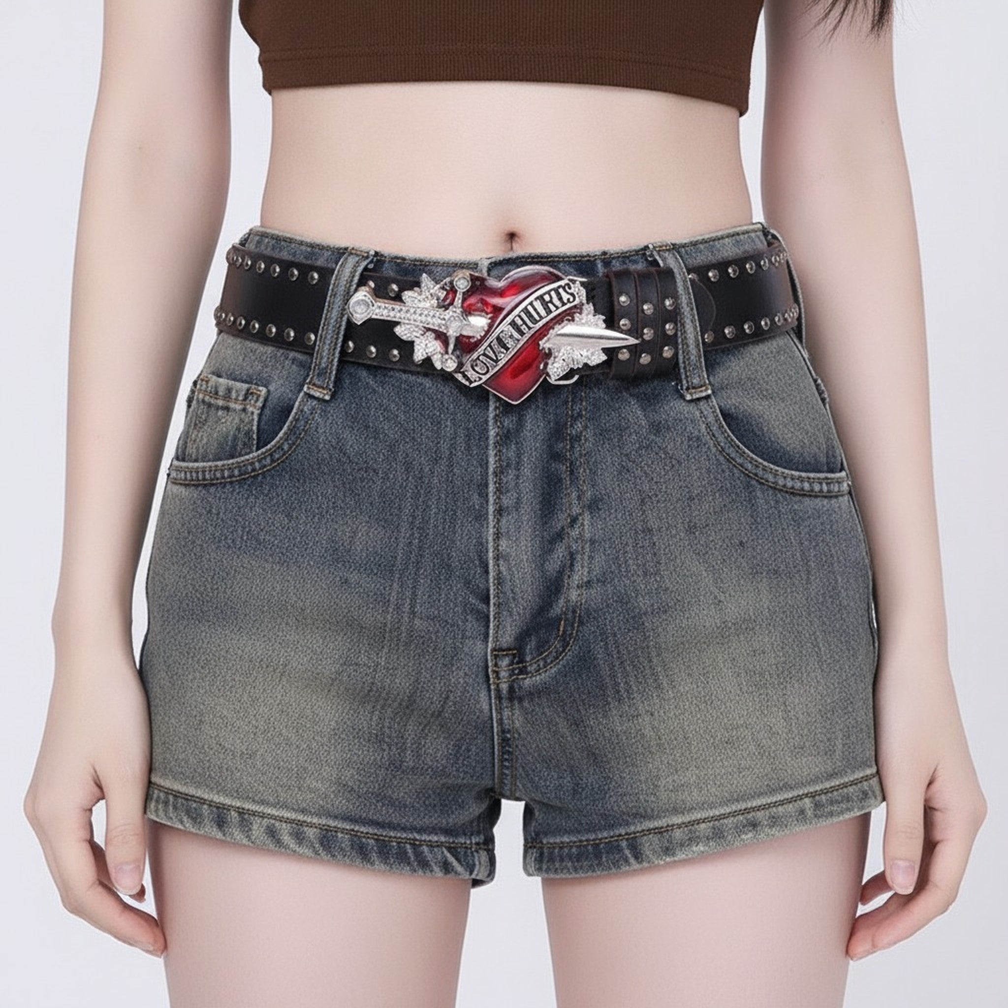 Black Studded Leather Belt With Red Heart Buckle – scarves & belts