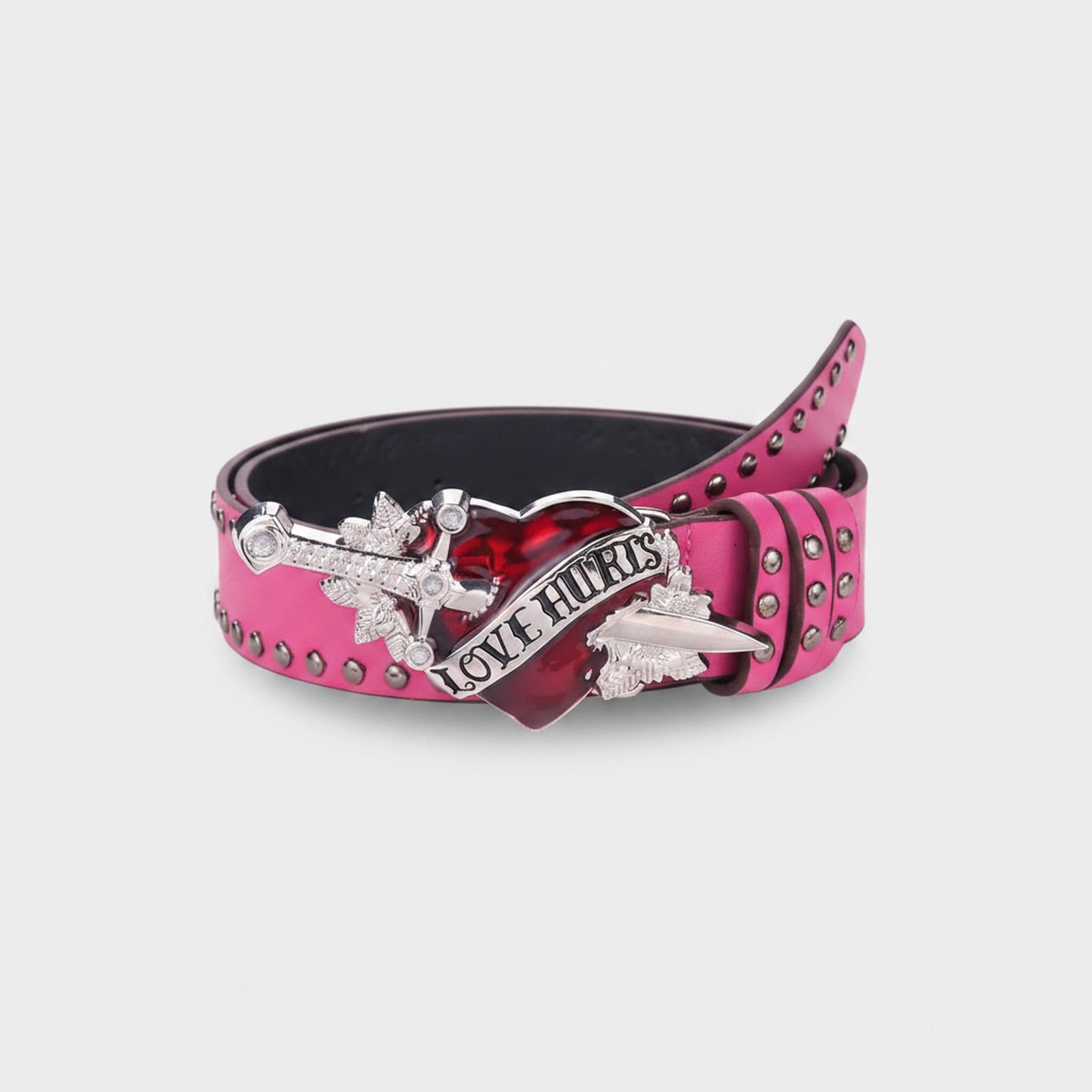 Pink Studded Heart Buckle Belt With Wings