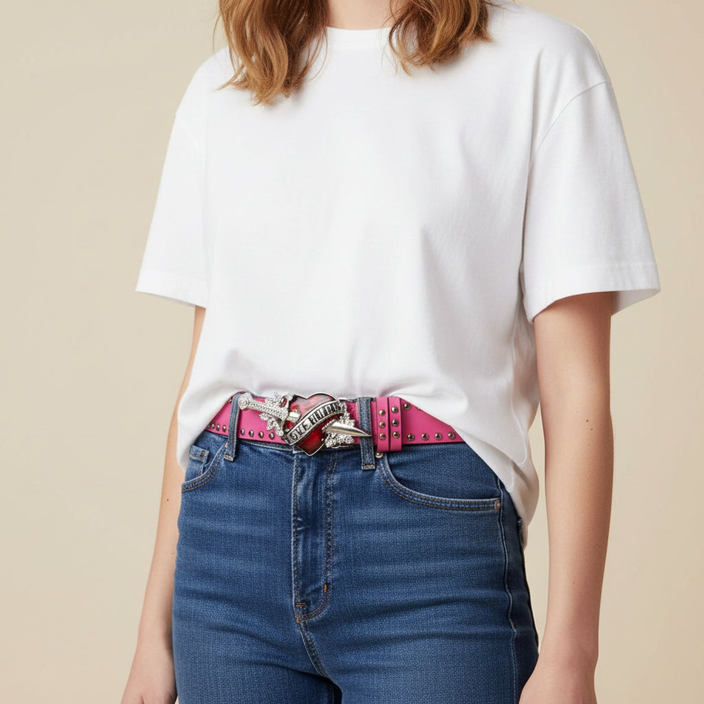 Pink Studded Heart Buckle Belt With Wings