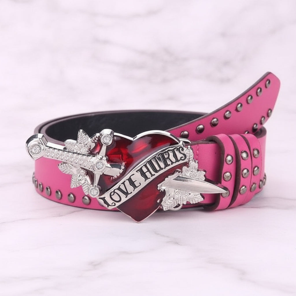 Pink Studded Heart Buckle Belt With Wings – scarves & belts (view 2)