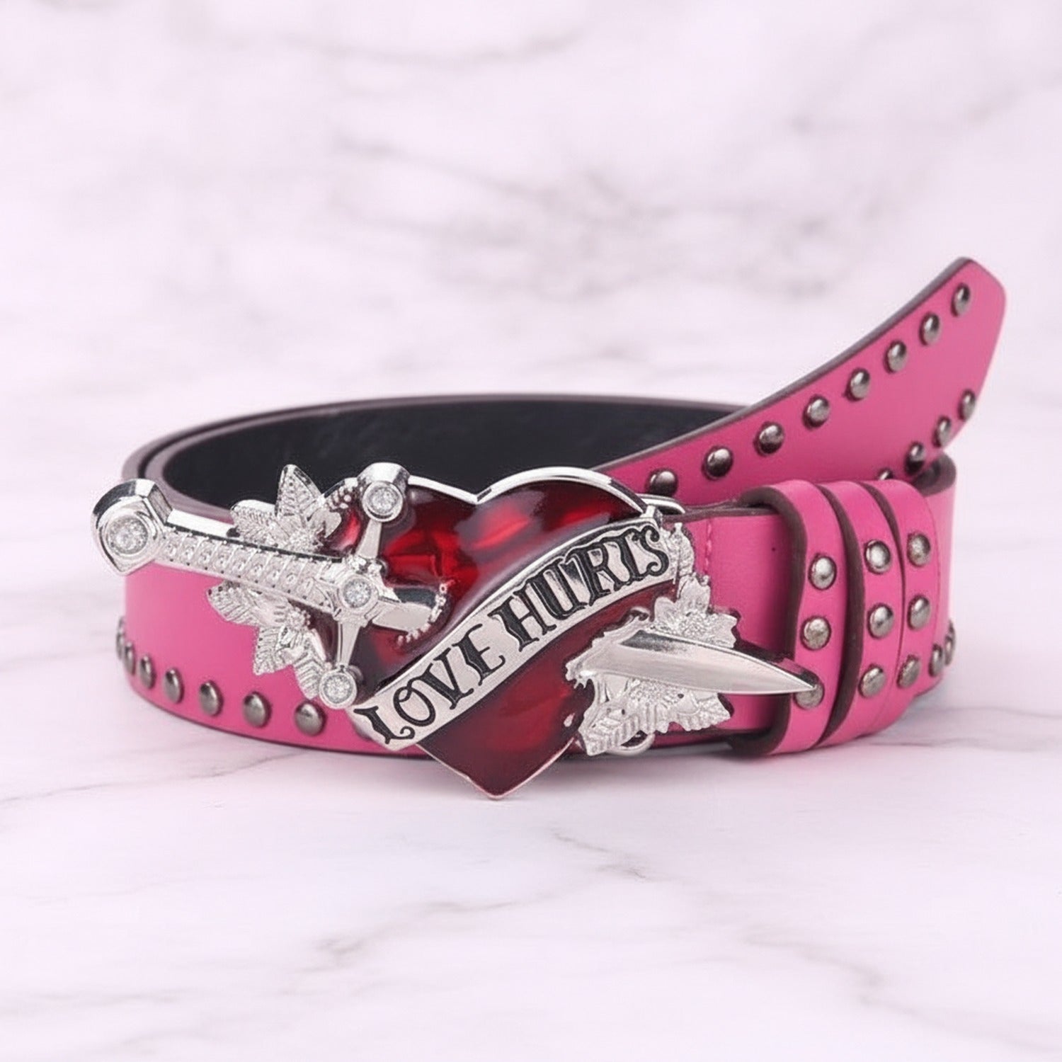 Pink Studded Heart Buckle Belt With Wings