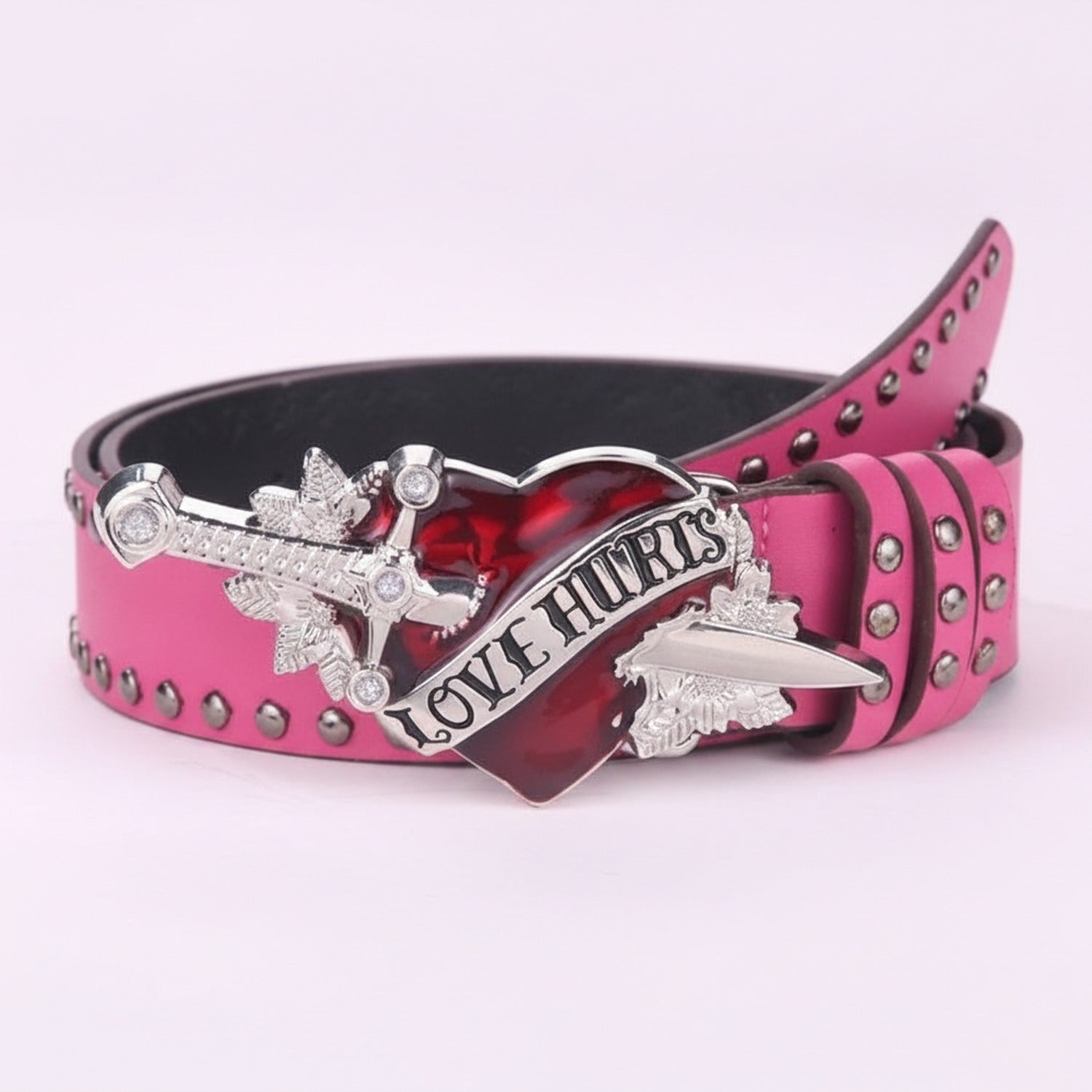 Pink Studded Heart Buckle Belt With Wings