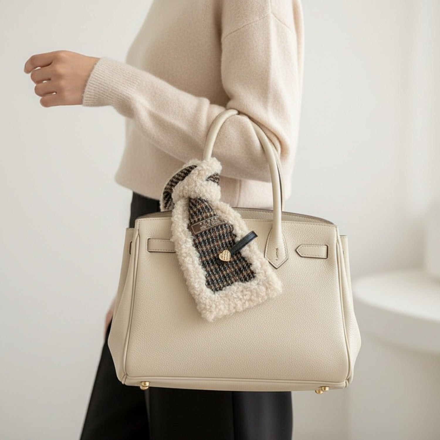 Cream Knit Belt with Black Woven Stripe Detail