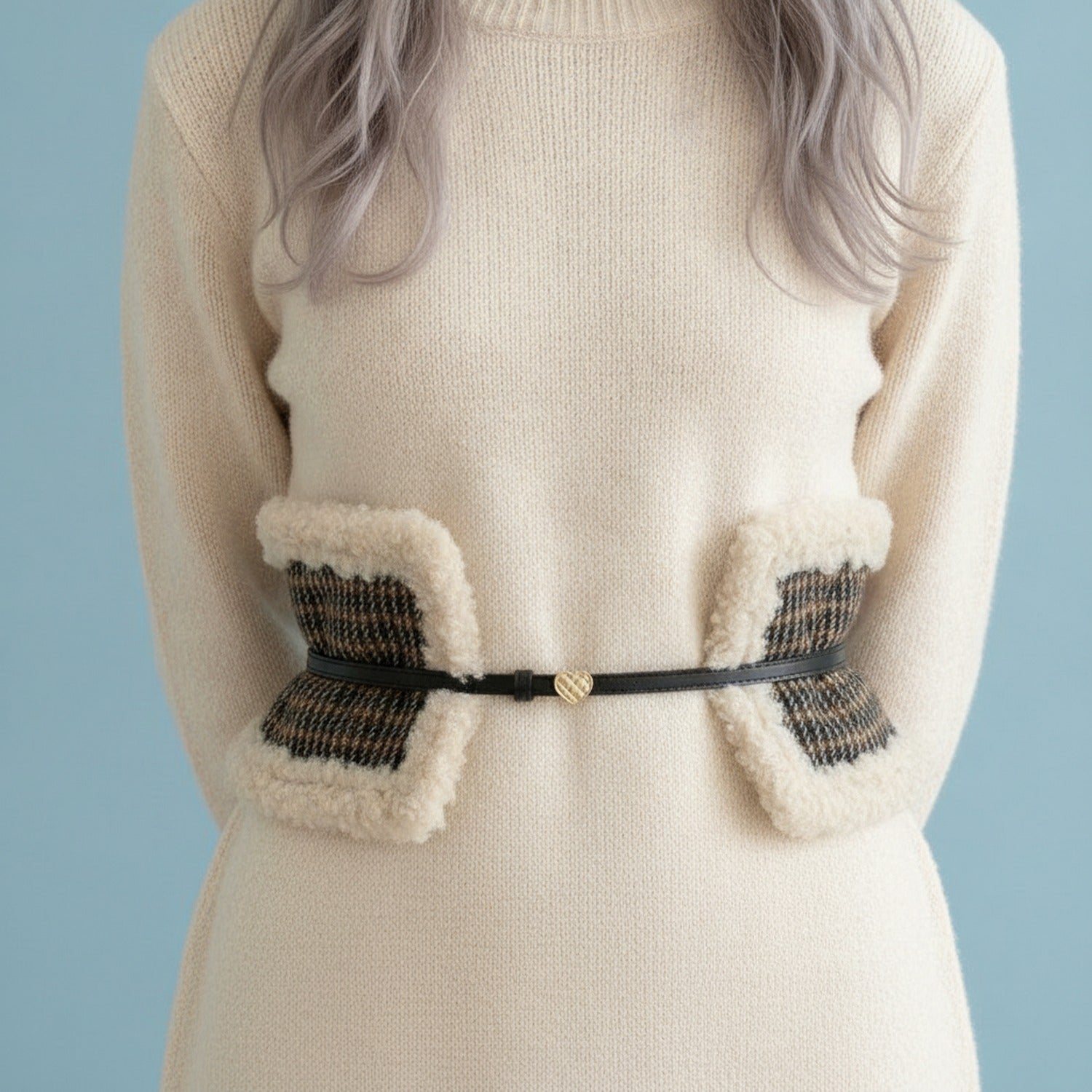 Cream Knit Belt with Black Woven Stripe Detail