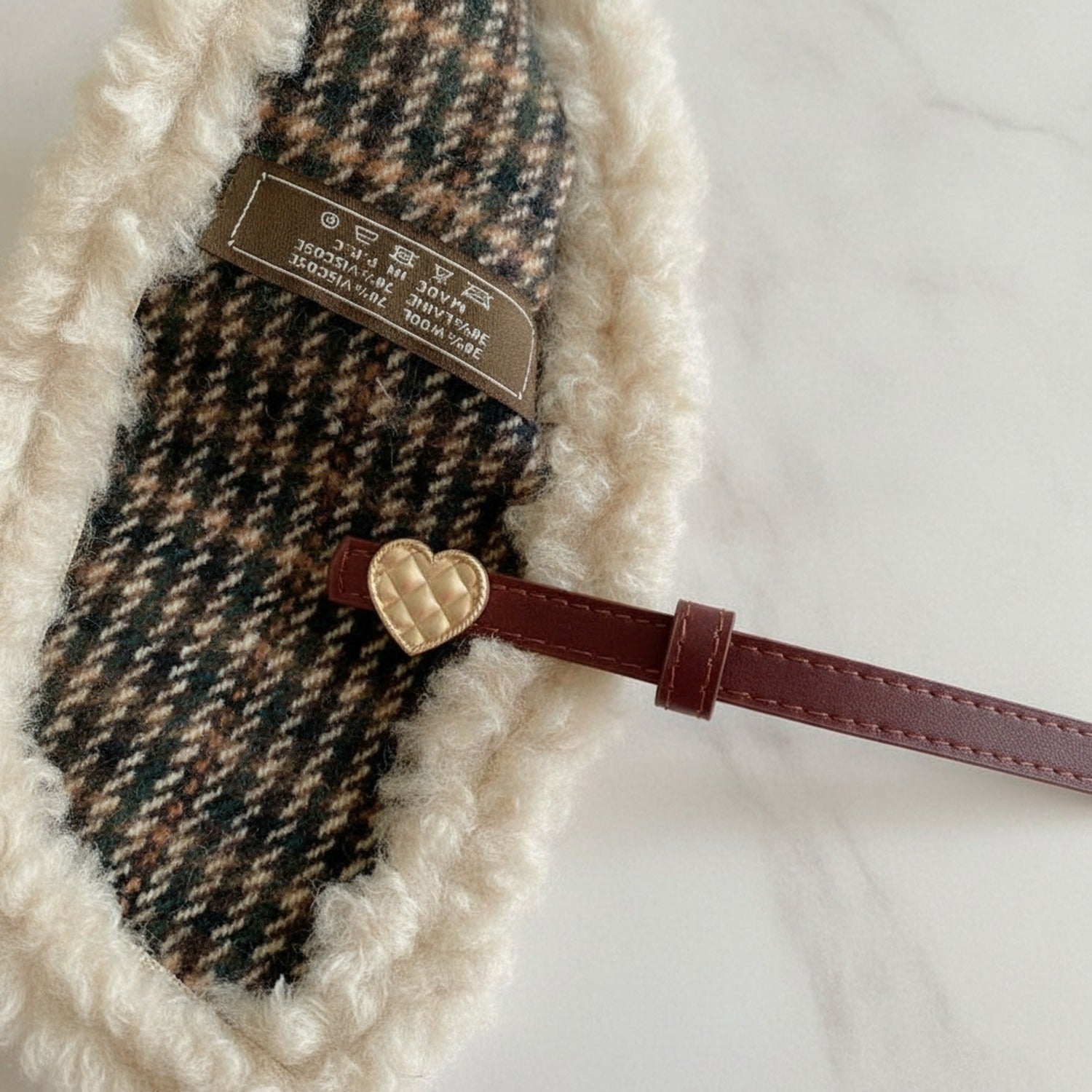 Cream Fuzzy Heart Charm Knit Scarf