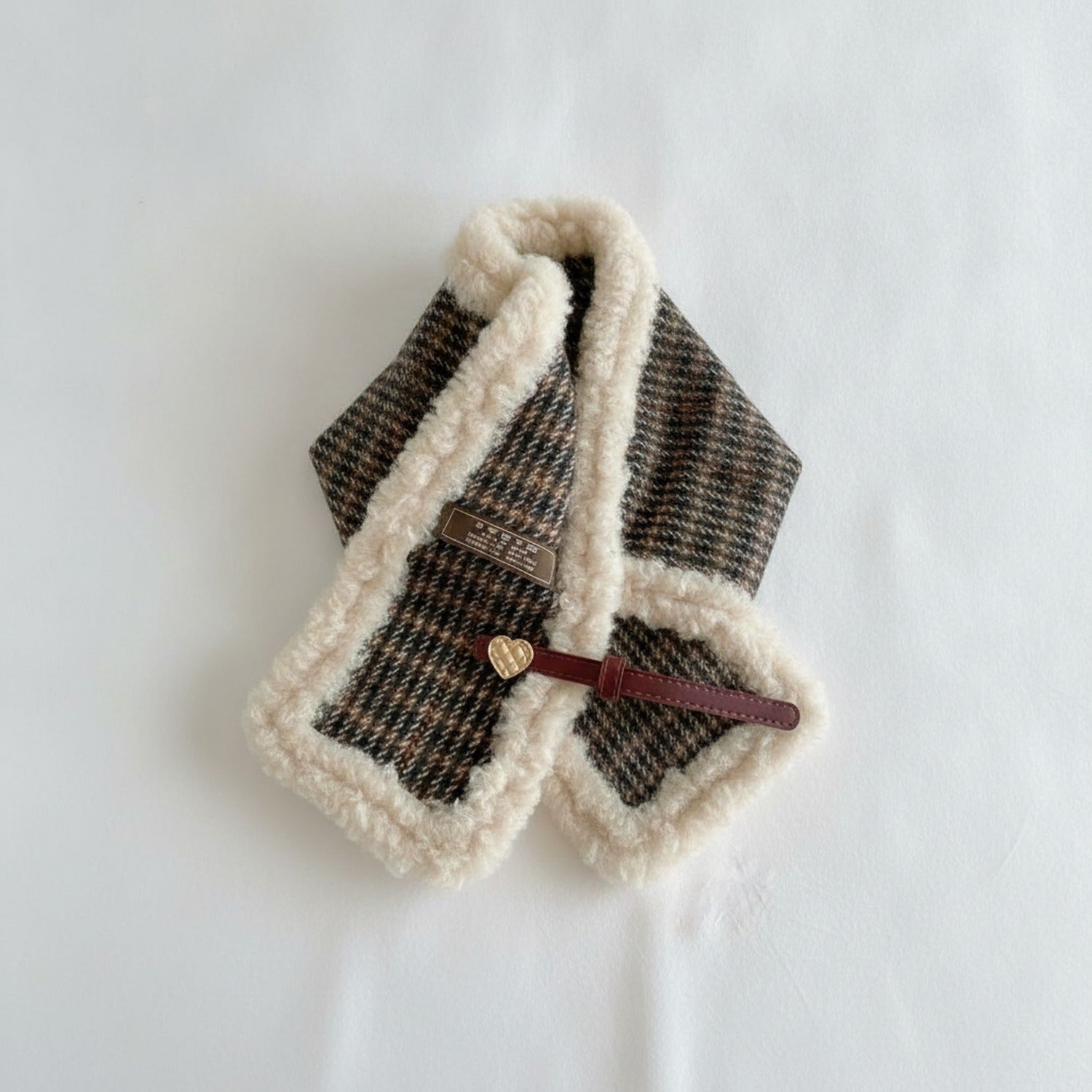 Cream Fuzzy Heart Charm Knit Scarf