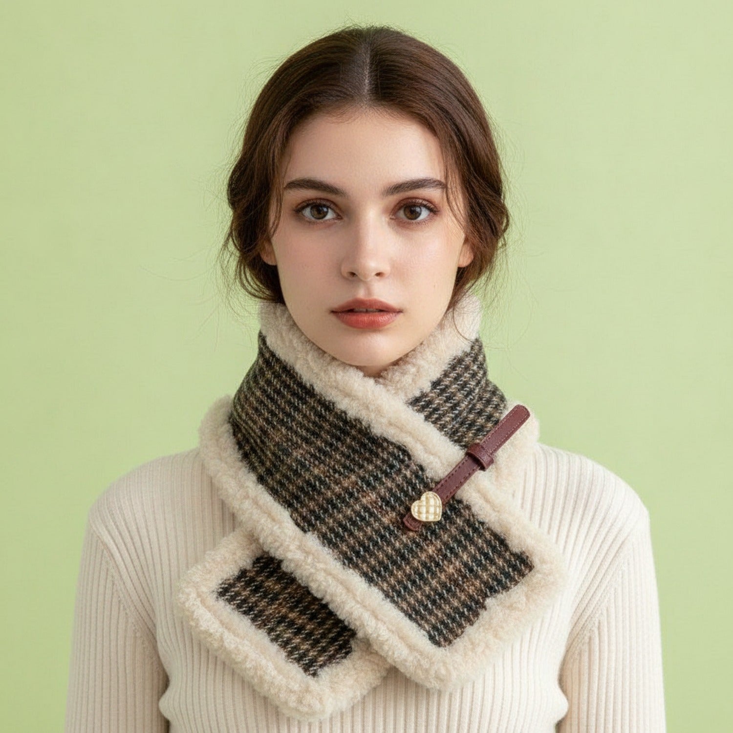 Cream Fuzzy Heart Charm Knit Scarf