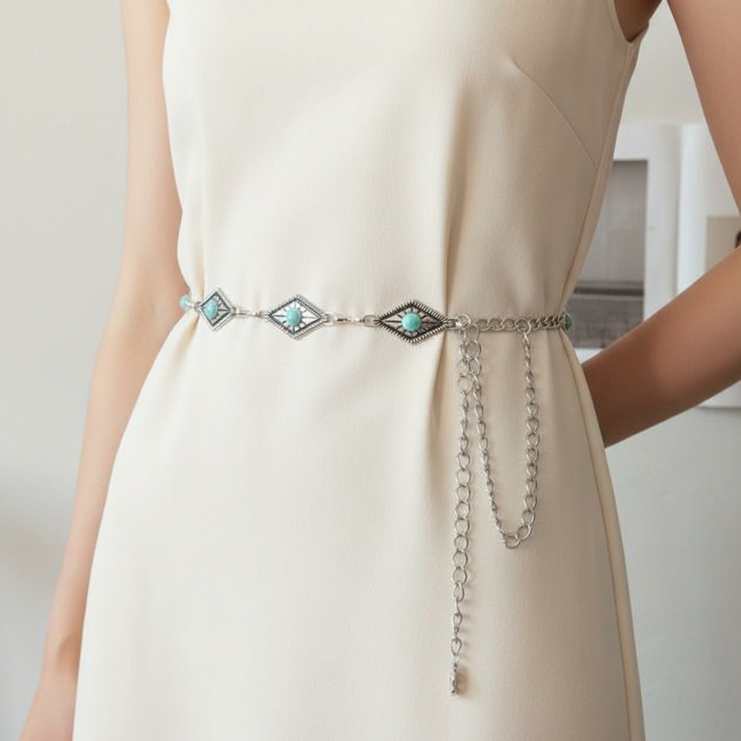 Turquoise Evil Eye Chain Belt Silver