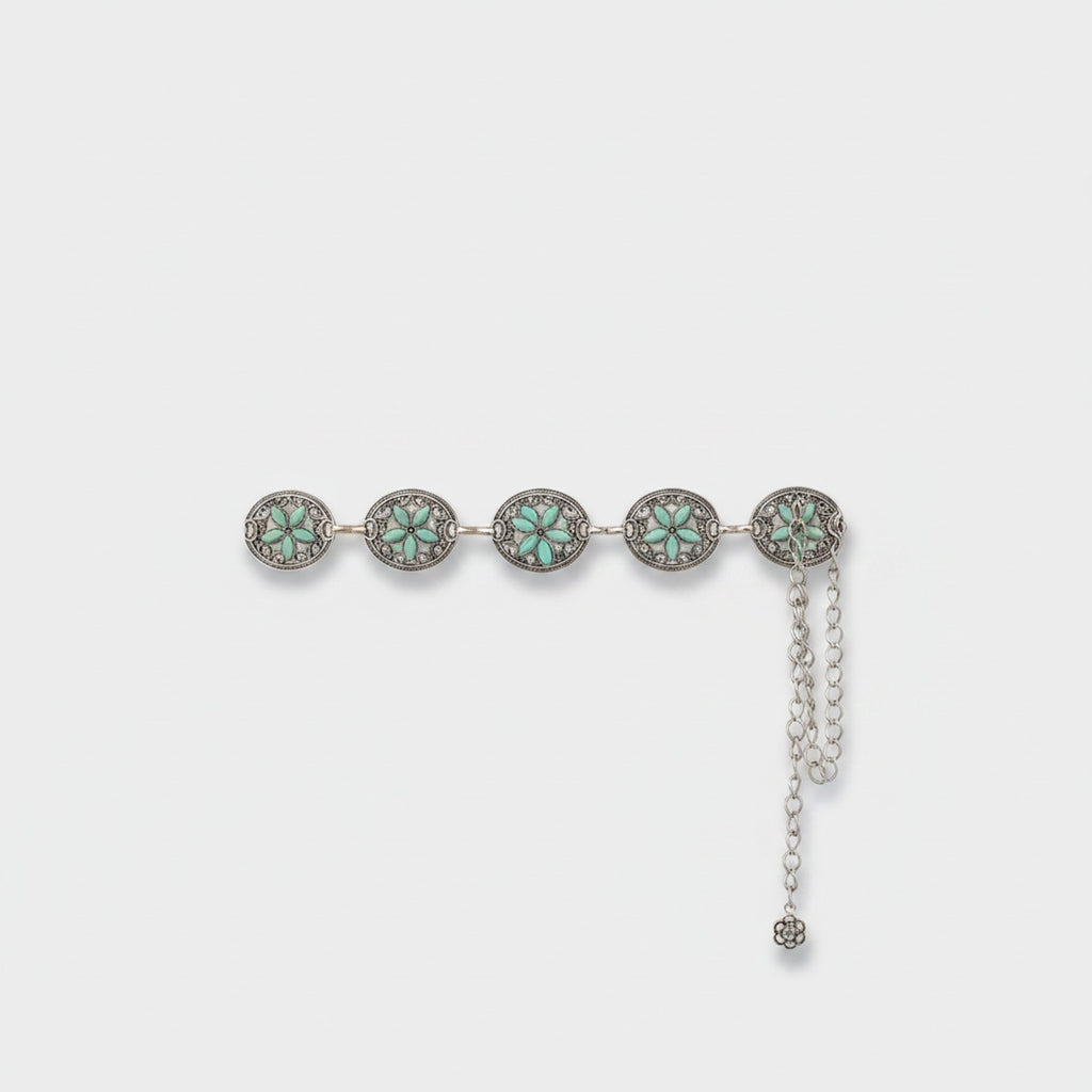 Turquoise Flower Chain Link Belt With Charm Drop
