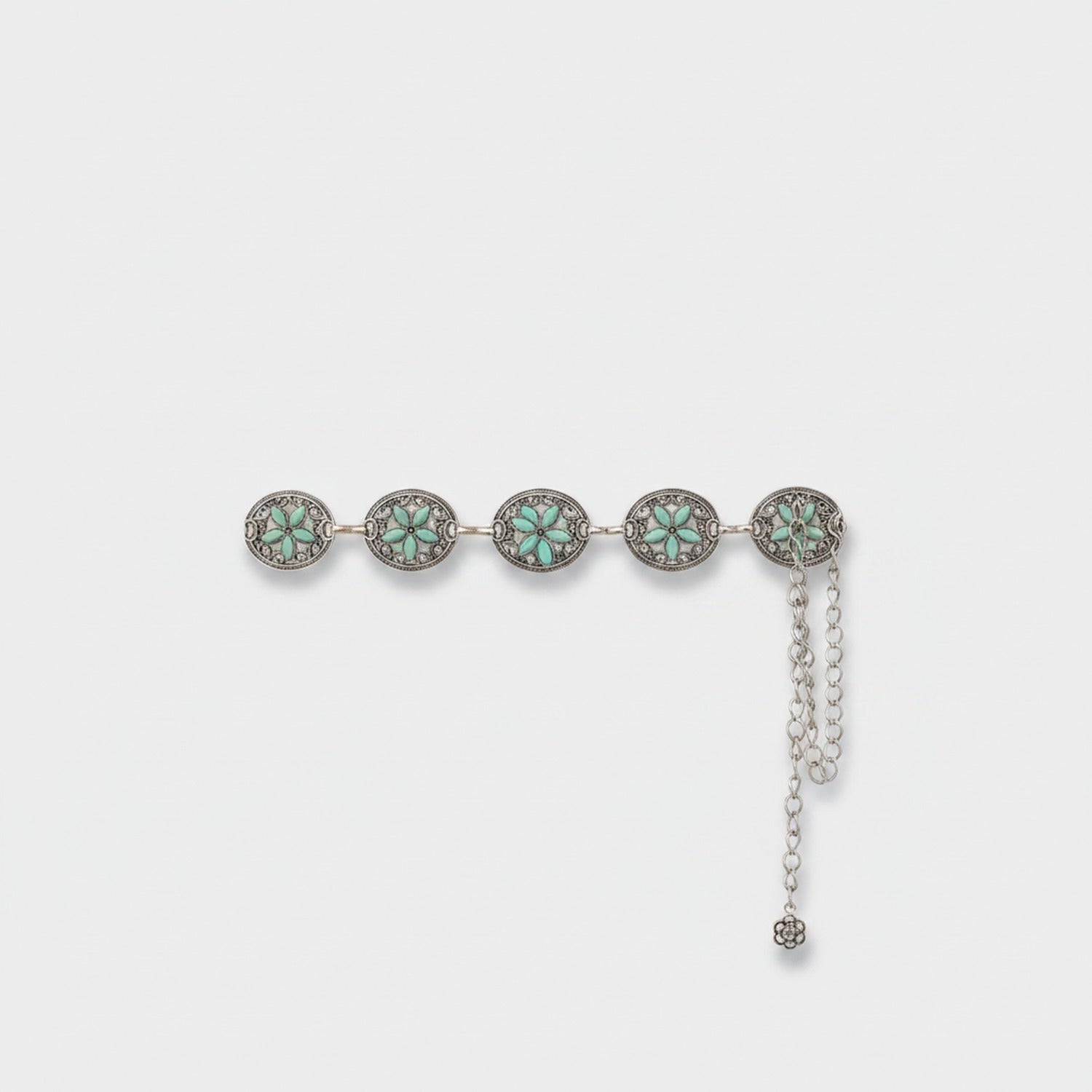 Turquoise Flower Chain Link Belt With Charm Drop