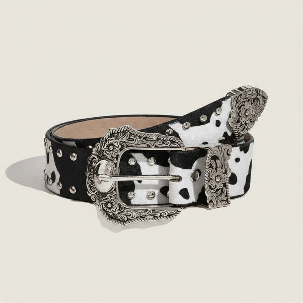 Black And White Cow Print Studded Belt With Ornate Buckle