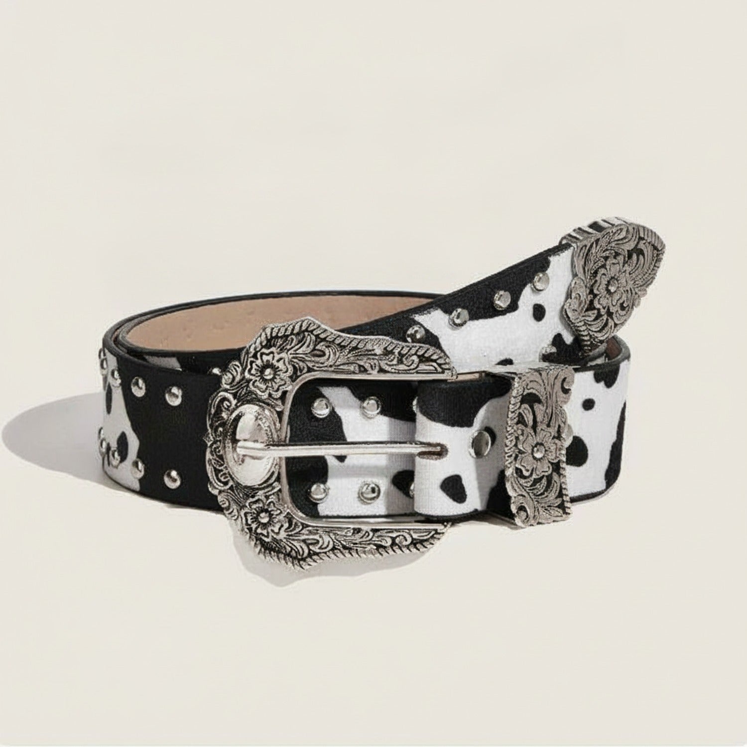 Black And White Cow Print Studded Belt With Ornate Buckle