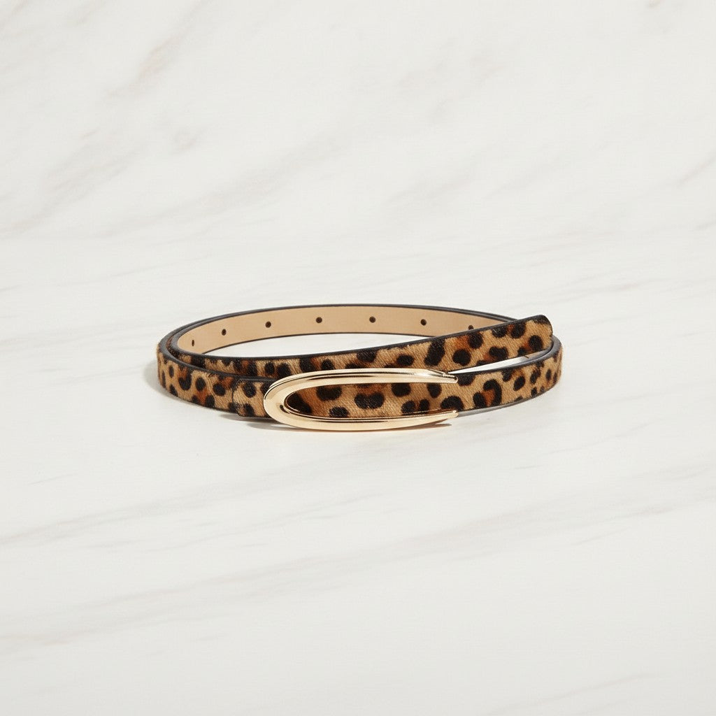Leopard Print Skinny Belts with Gold Oval Buckle