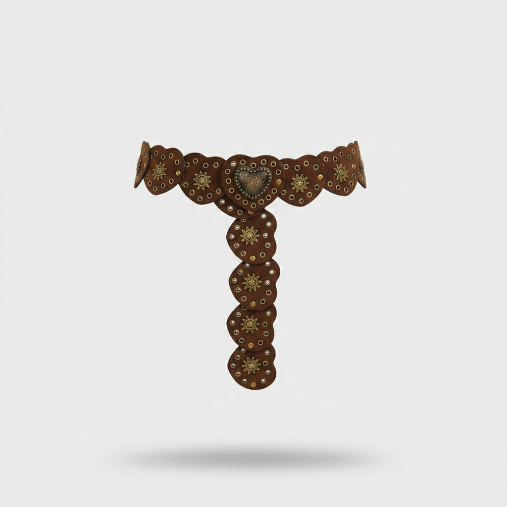 Brown Studded Heart Chain Belt