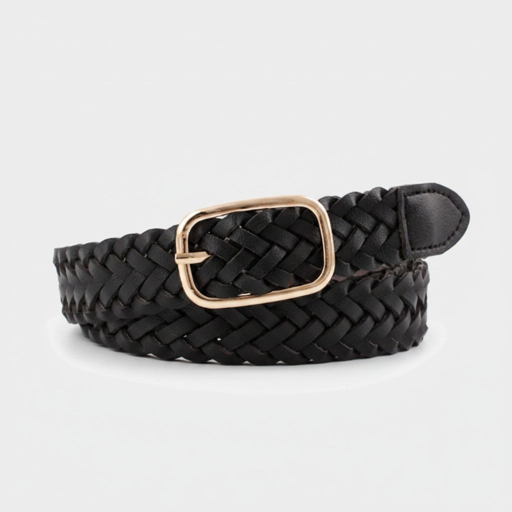 Black Woven Leather Belt With Gold Buckle