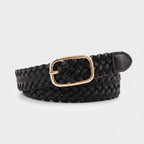 Black Woven Leather Belt With Gold Buckle