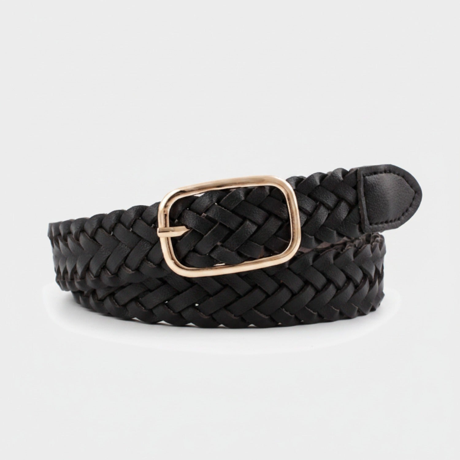 Black Woven Leather Belt With Gold Buckle