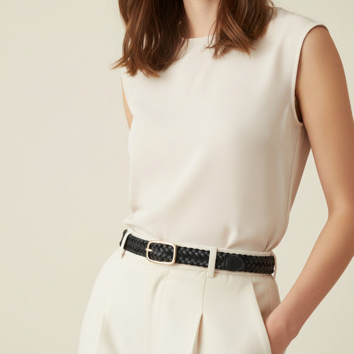 Black Woven Leather Belt With Gold Buckle