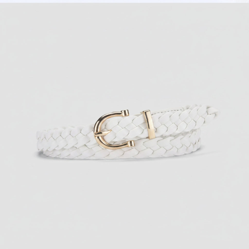 White Braided Woven Belt With Gold Buckle