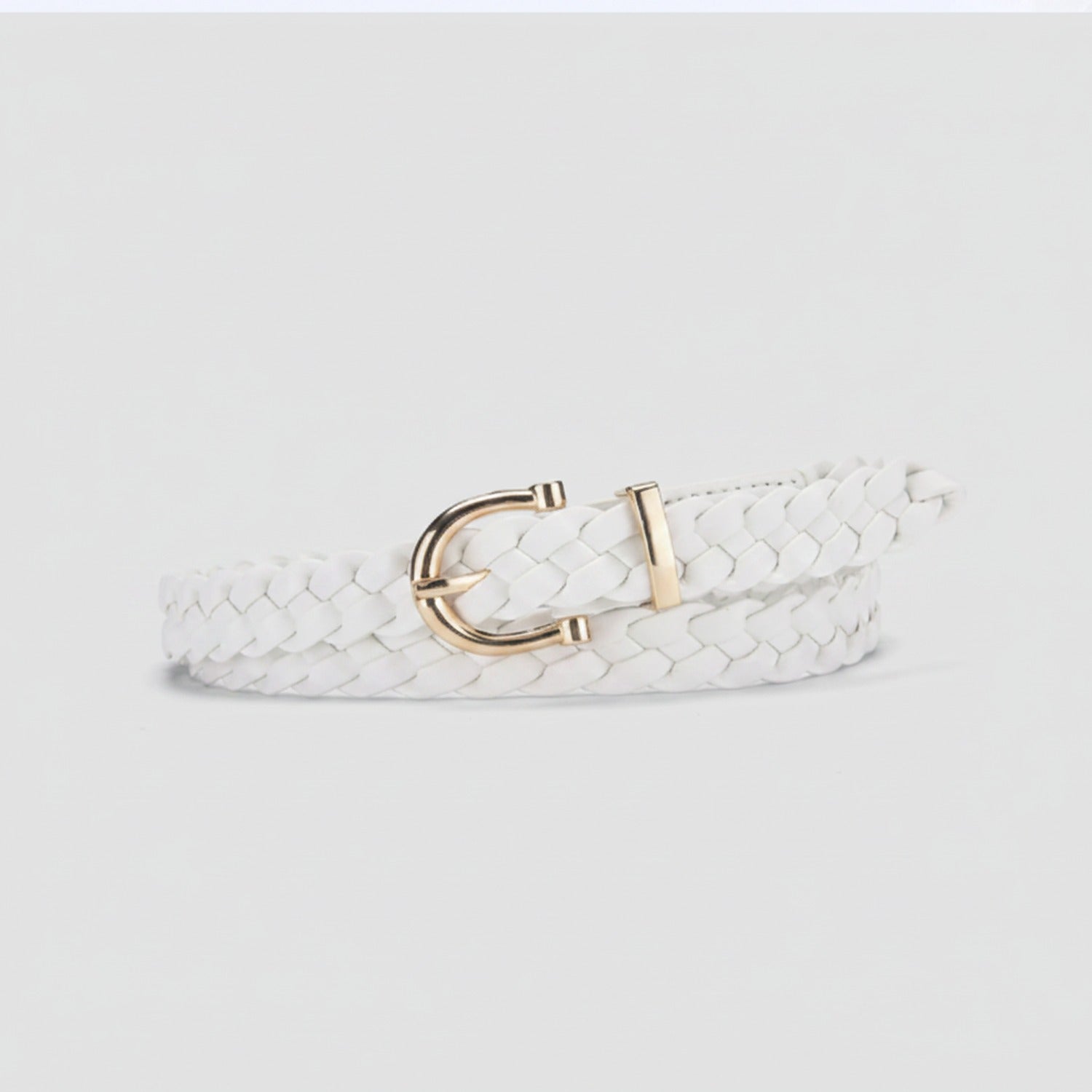 White Braided Woven Belt With Gold Buckle