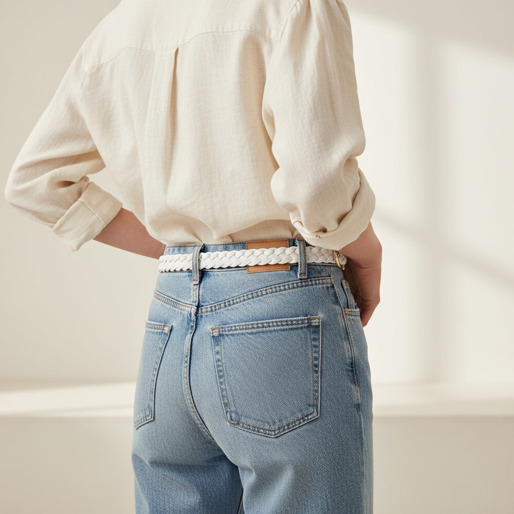 White Braided Woven Belt With Gold Buckle