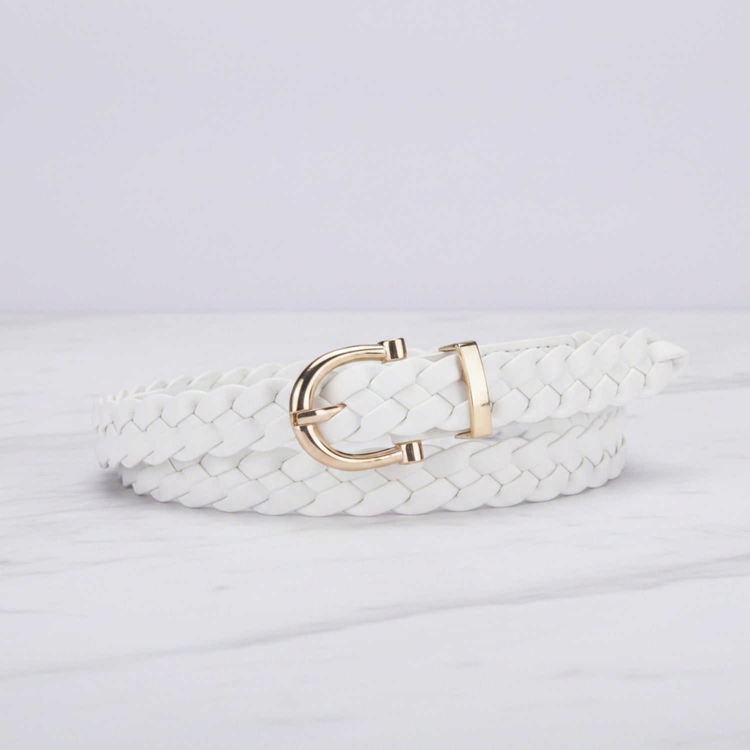 White Braided Woven Belt With Gold Buckle