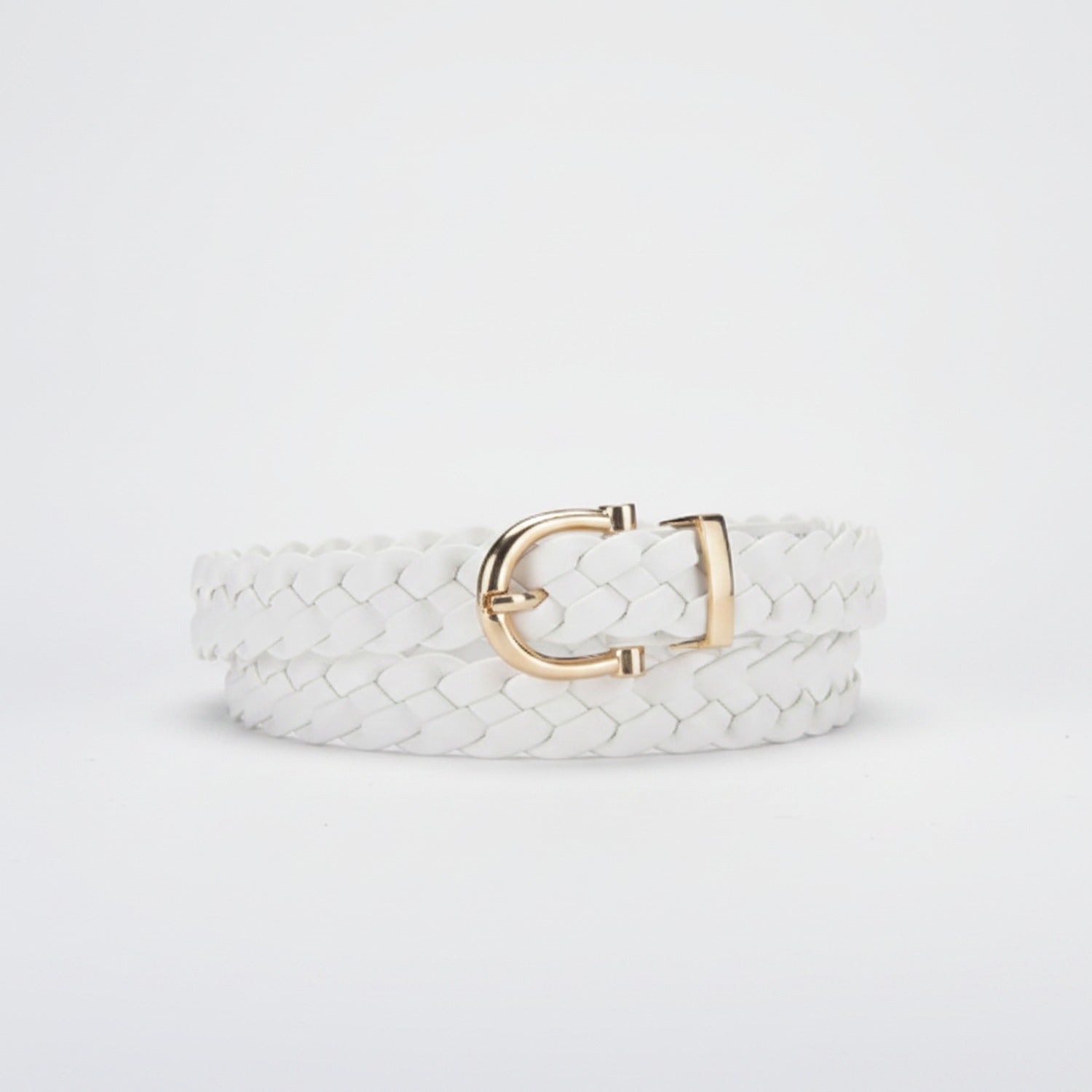 White Braided Woven Belt With Gold Buckle