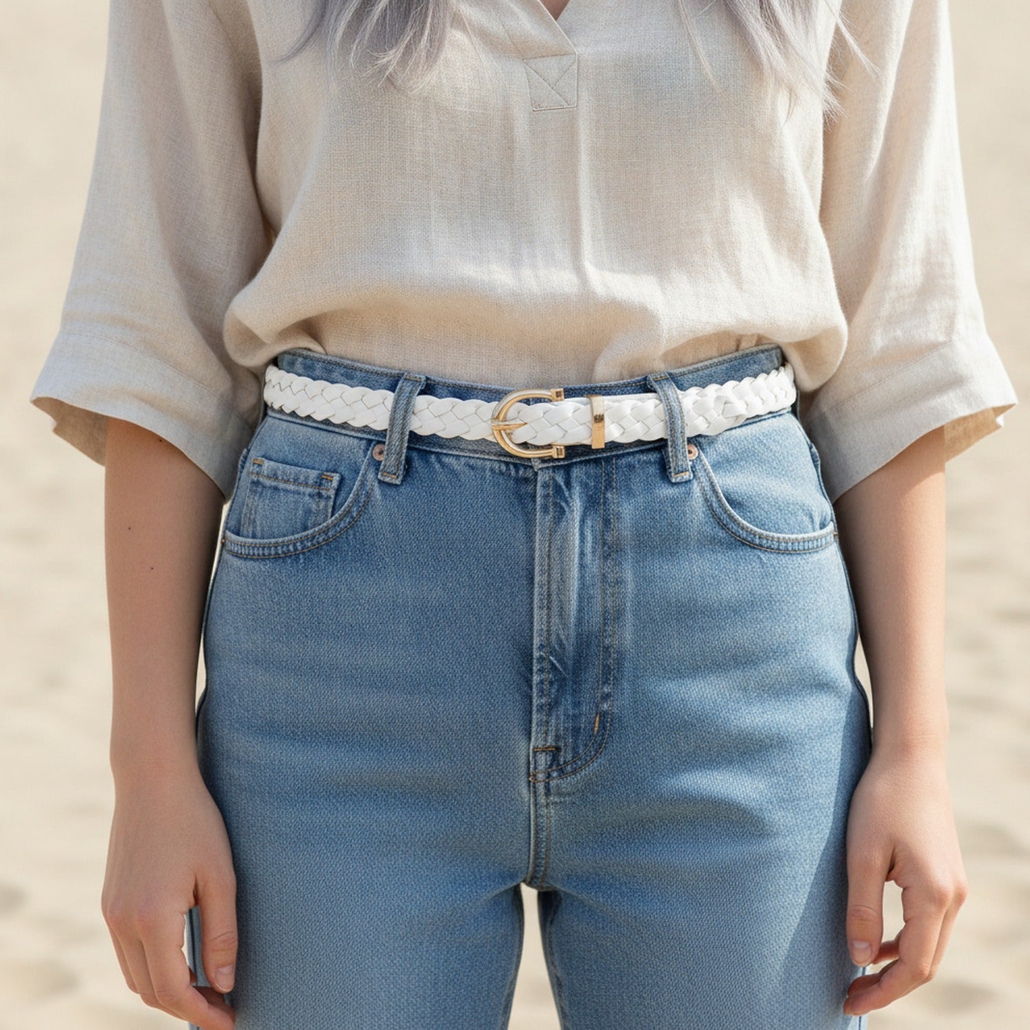 White Braided Woven Belt With Gold Buckle