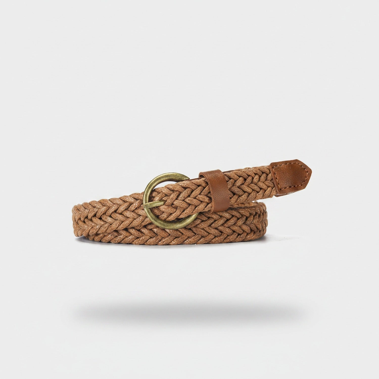 Braided Tan Leather Belt With Brass Ring Buckle