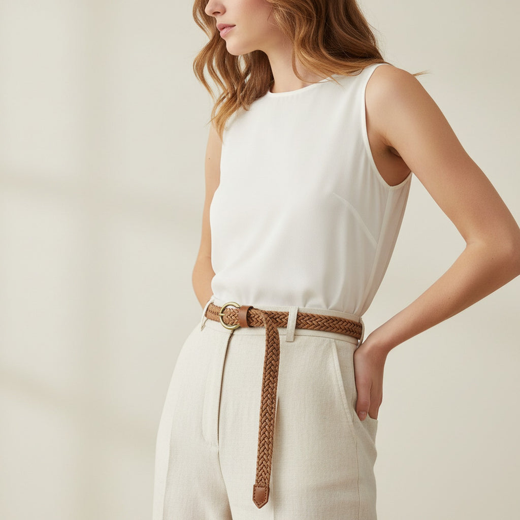 Braided Tan Leather Belt With Brass Ring Buckle