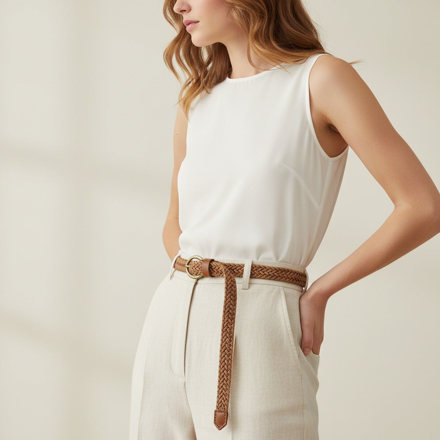 Braided Tan Leather Belt With Brass Ring Buckle
