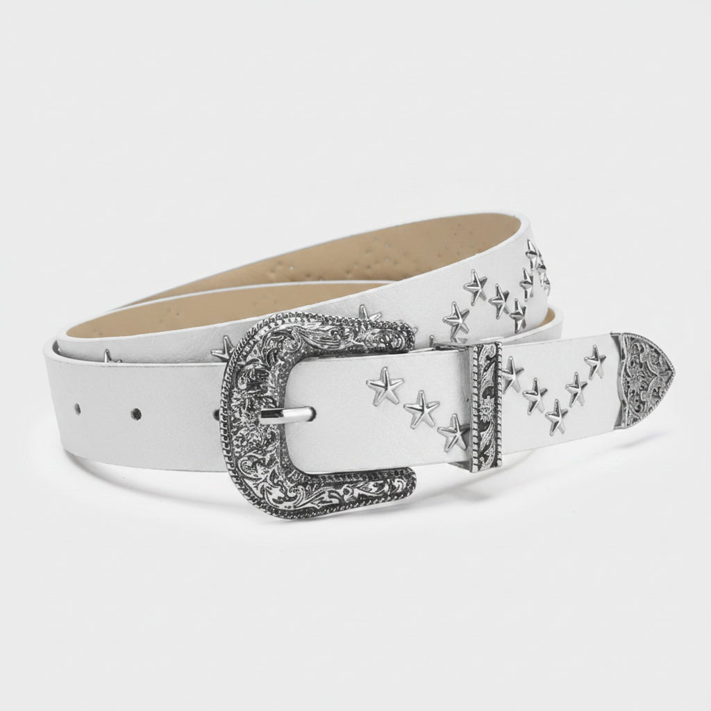 White Leather Star Studded Western Belt