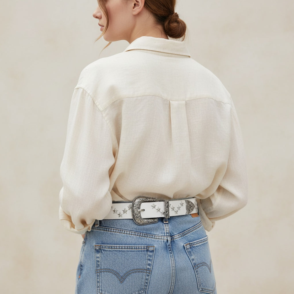 White Leather Star Studded Western Belt