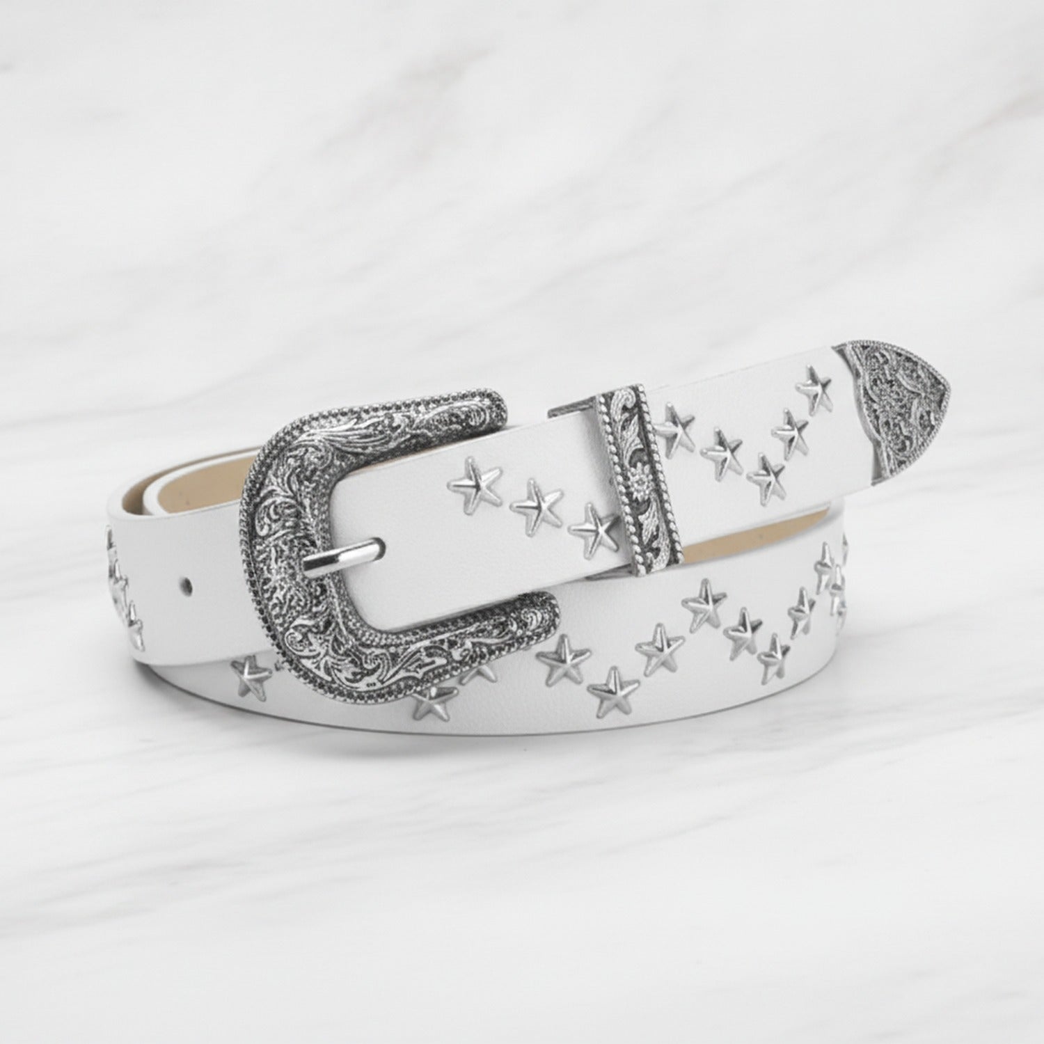 White Leather Star Studded Western Belt