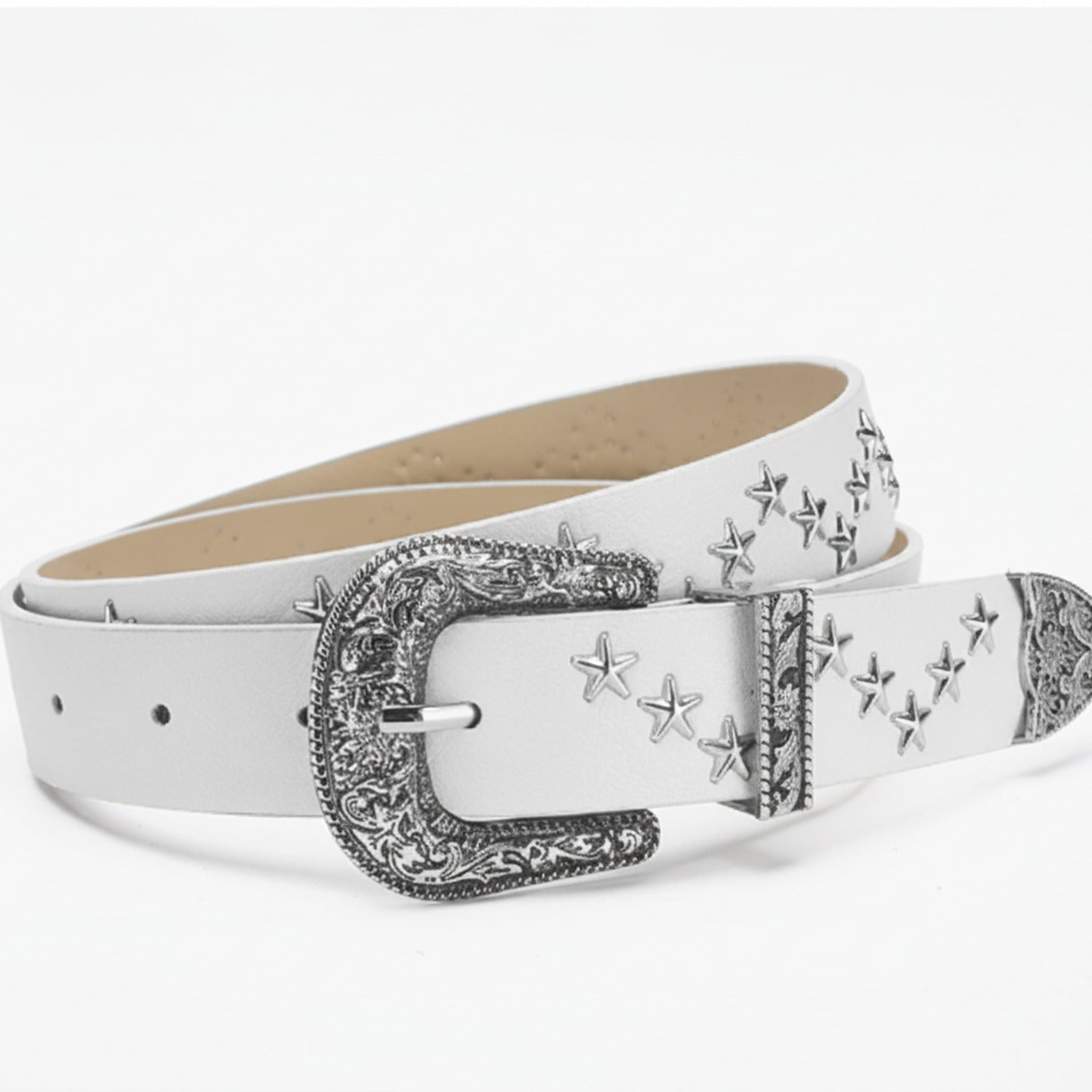 White Leather Star Studded Western Belt