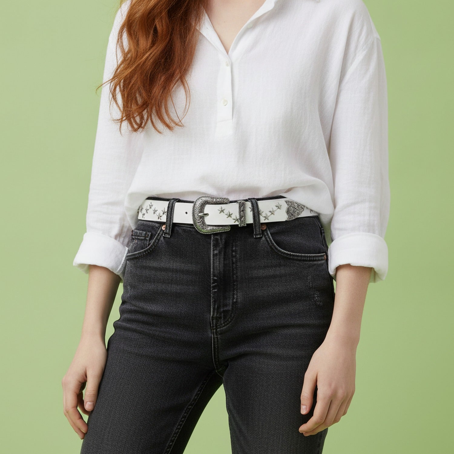 White Leather Star Studded Western Belt
