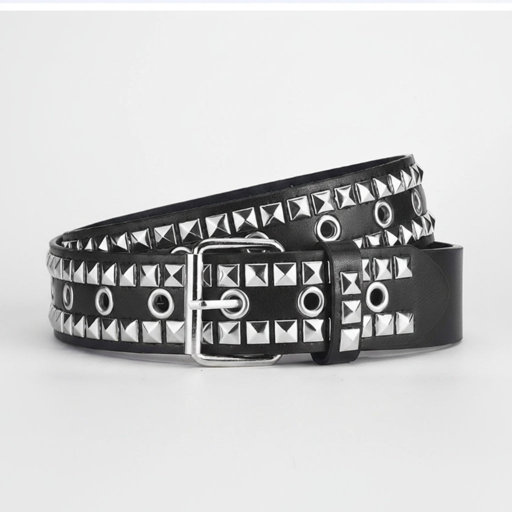Black Studded Leather Belt With Silver Buckle