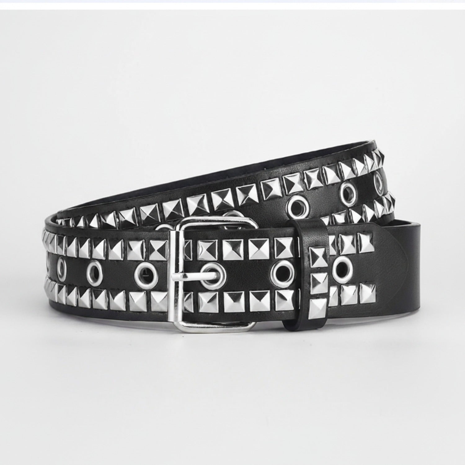 Black Studded Leather Belt With Silver Buckle
