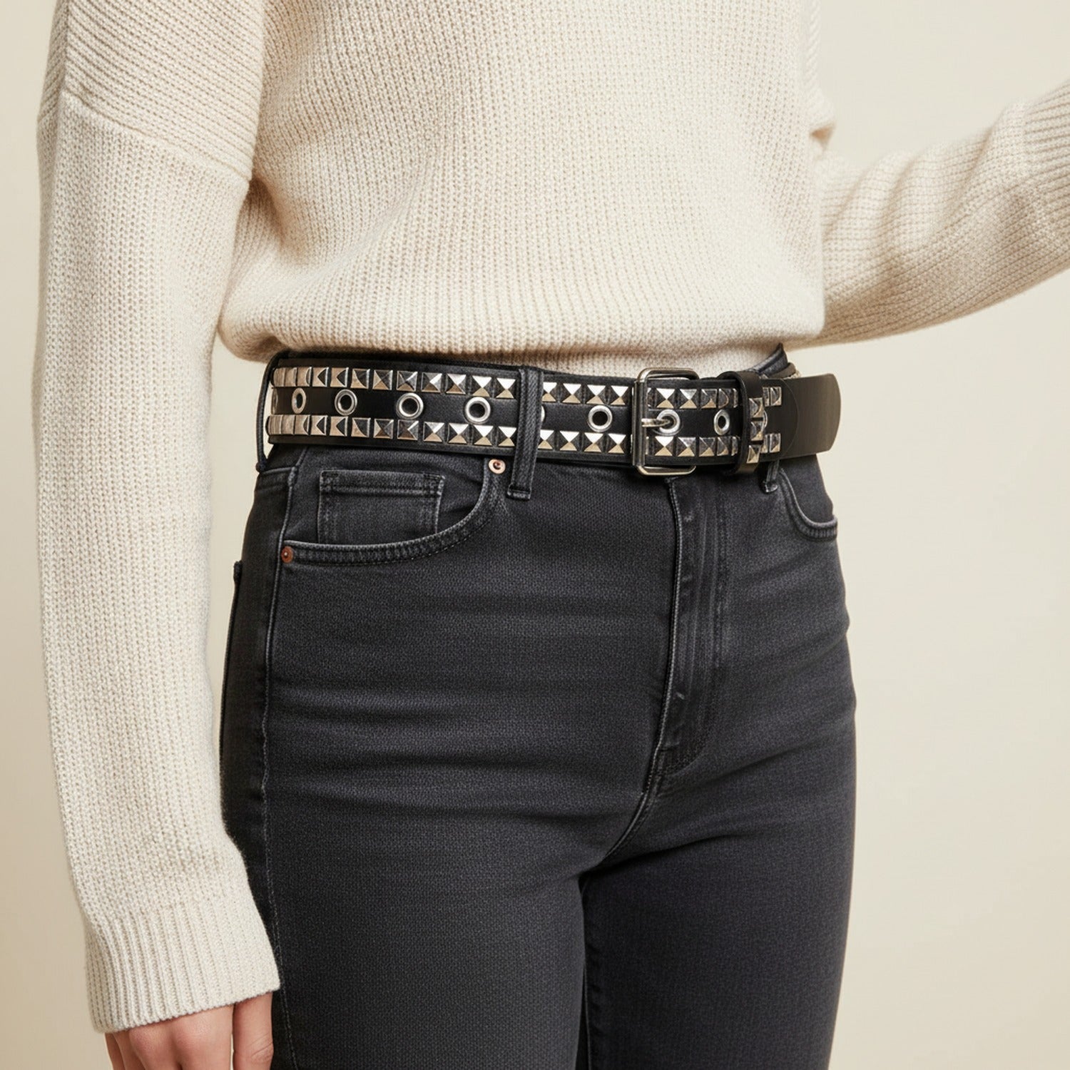 Black Studded Leather Belt With Silver Buckle