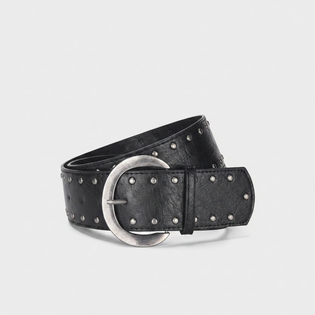 Black Leather Studded Circle Buckle Belt