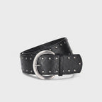 Black Leather Studded Circle Buckle Belt
