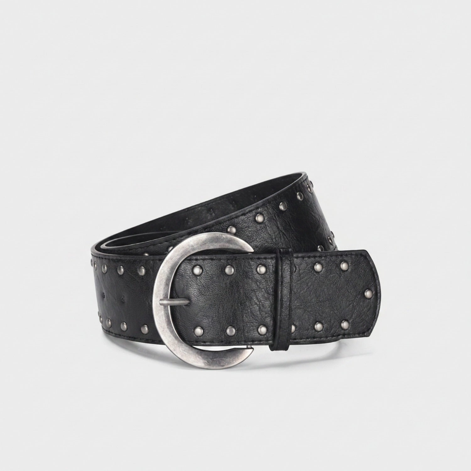 Black Leather Studded Circle Buckle Belt