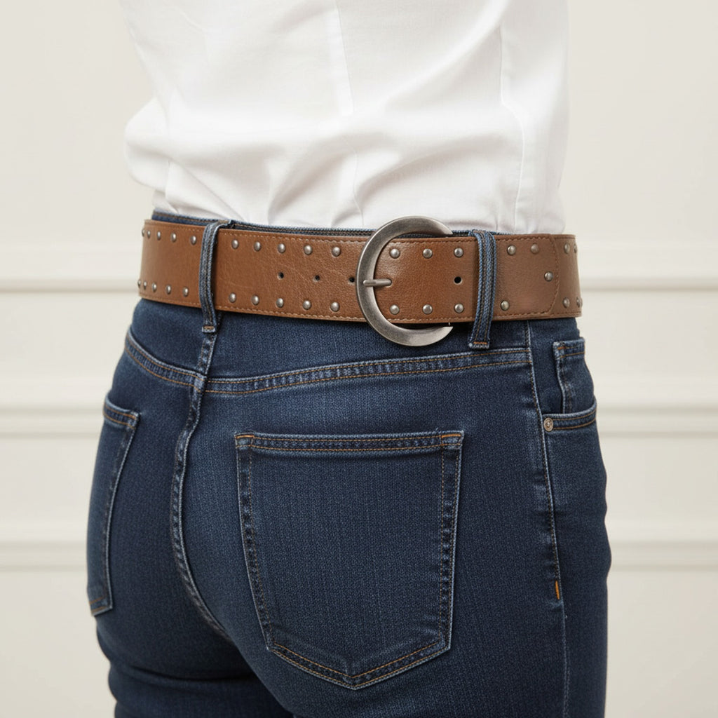 Studded Brown Leather Circle Buckle Belt