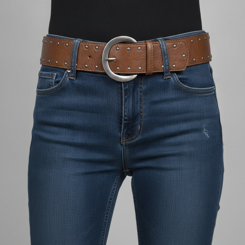 Studded Brown Leather Circle Buckle Belt – scarves & belts